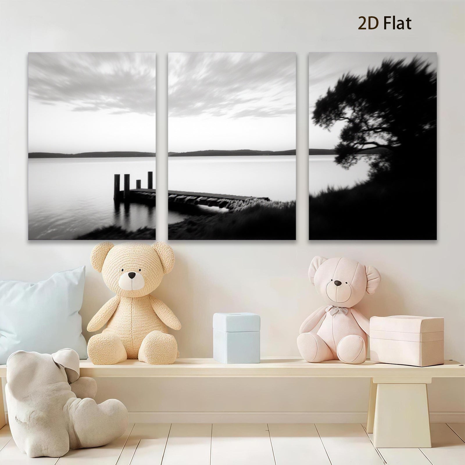 2D flat 1pc serene dock lakeside view coastal wall art canvas prints for living room bedroom bathroom home decor farmhouse style modern minimalist gallery wrapped