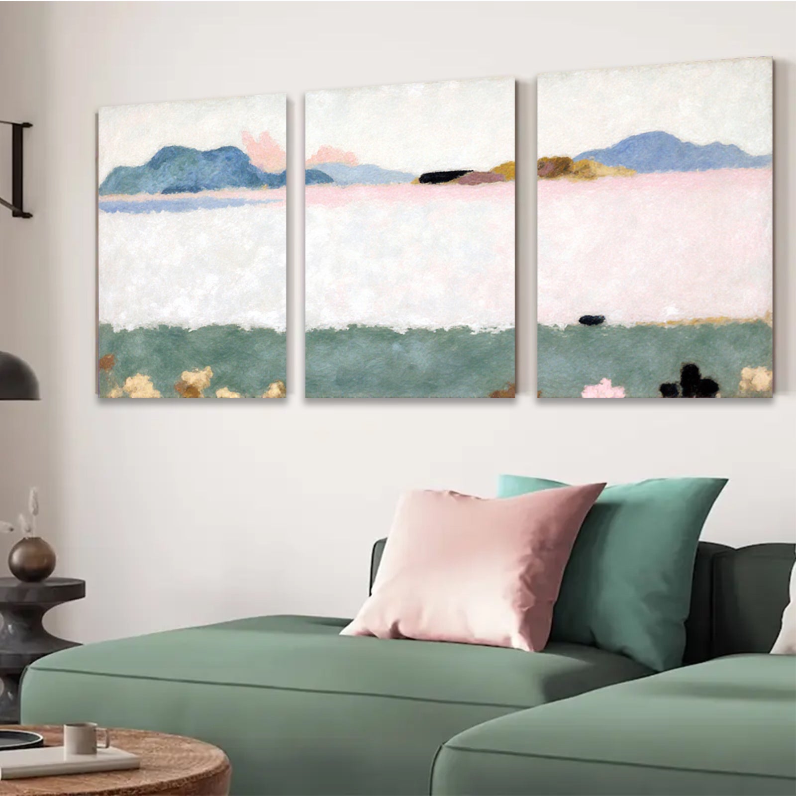 2D flat 1pc serene landscape painting distant hills meadow view farmhouse wall decor living room bedroom office modern art gallery wrapped canvas prints botanical floral cozy farmhouse style