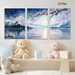2D flat 1pc serene mountain lake reflection blossom wall art canvas prints for living room bedroom home decor farmhouse style modern minimalist gallery wrapped