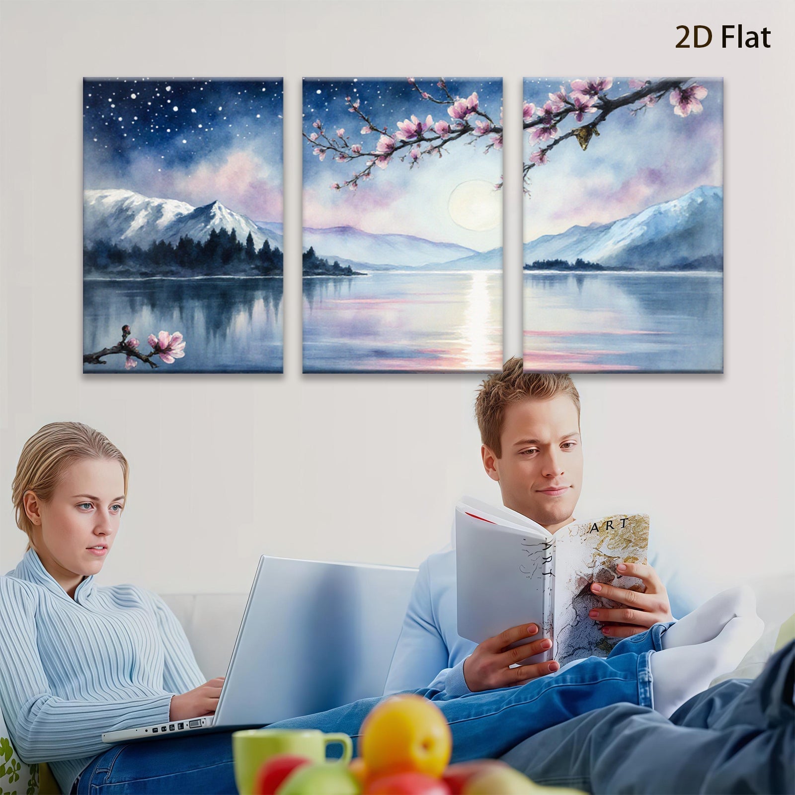 2D flat 1pc serene mountain lake reflection blossom wall art canvas prints for living room bedroom home decor farmhouse style modern minimalist gallery wrapped