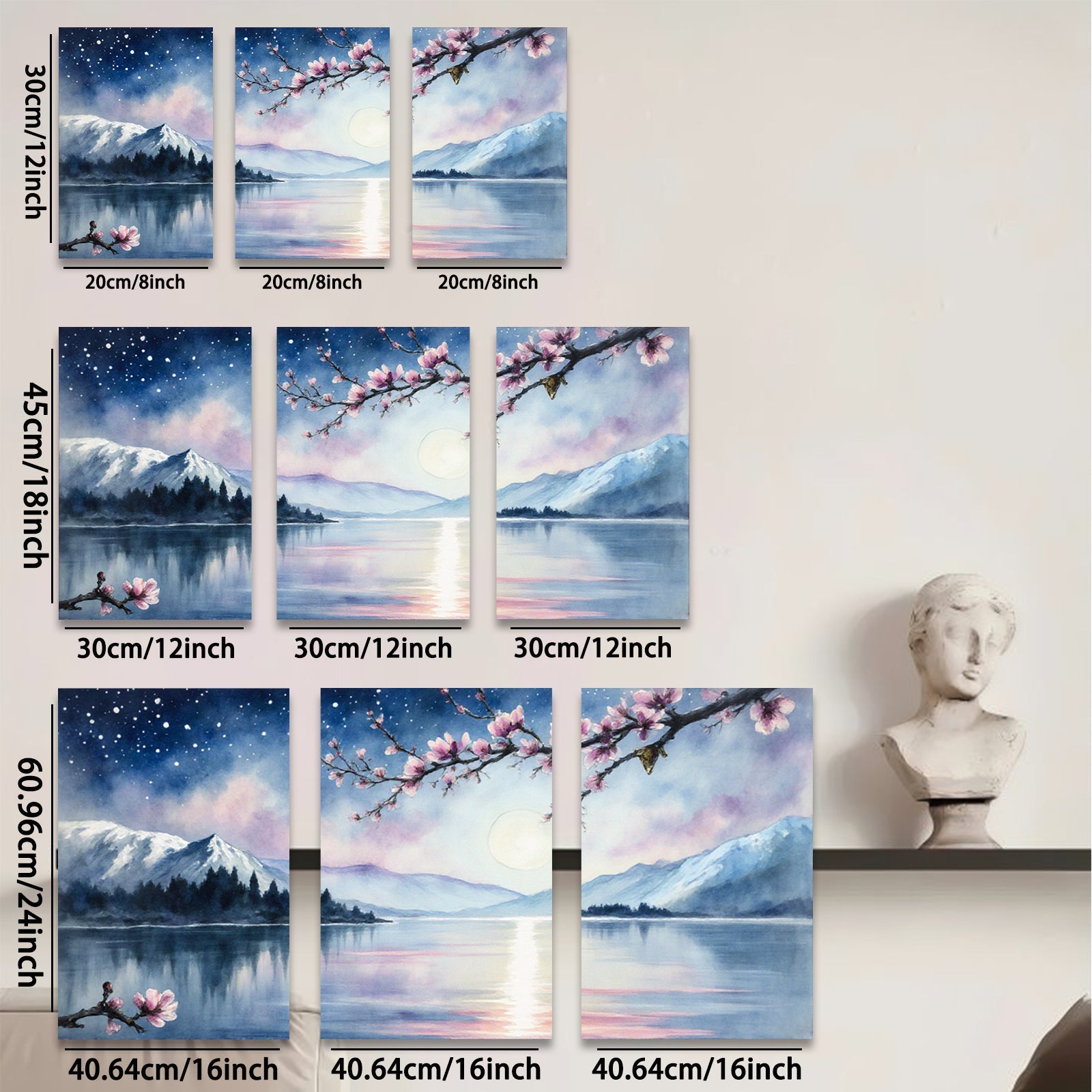 2D flat 1pc serene mountain lake reflection blossom wall art canvas prints for living room bedroom home decor farmhouse style modern minimalist gallery wrapped