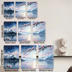 2D flat 1pc serene mountain lake reflection blossom wall art canvas prints for living room bedroom home decor farmhouse style modern minimalist gallery wrapped