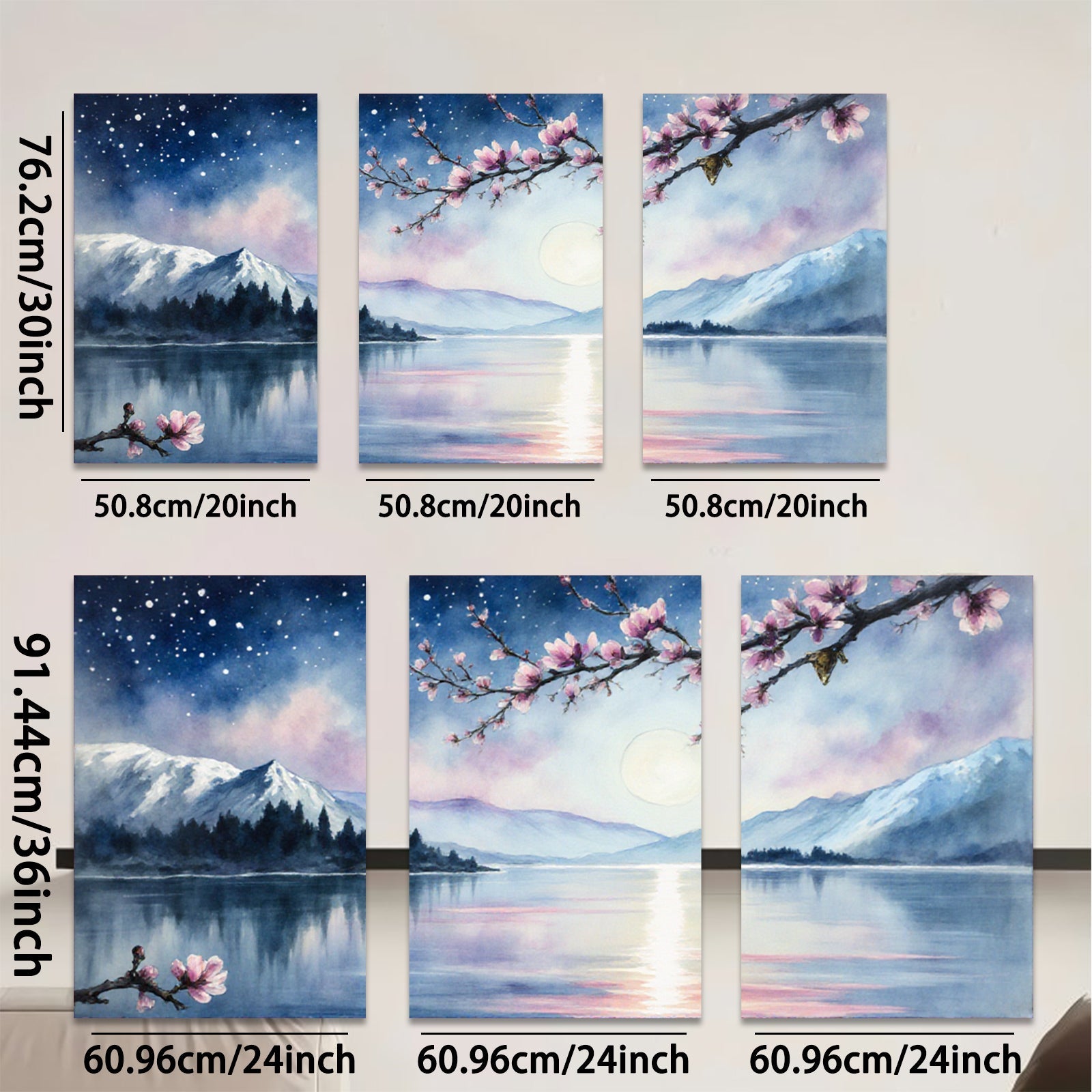 2D flat 1pc serene mountain lake reflection blossom wall art canvas prints for living room bedroom home decor farmhouse style modern minimalist gallery wrapped