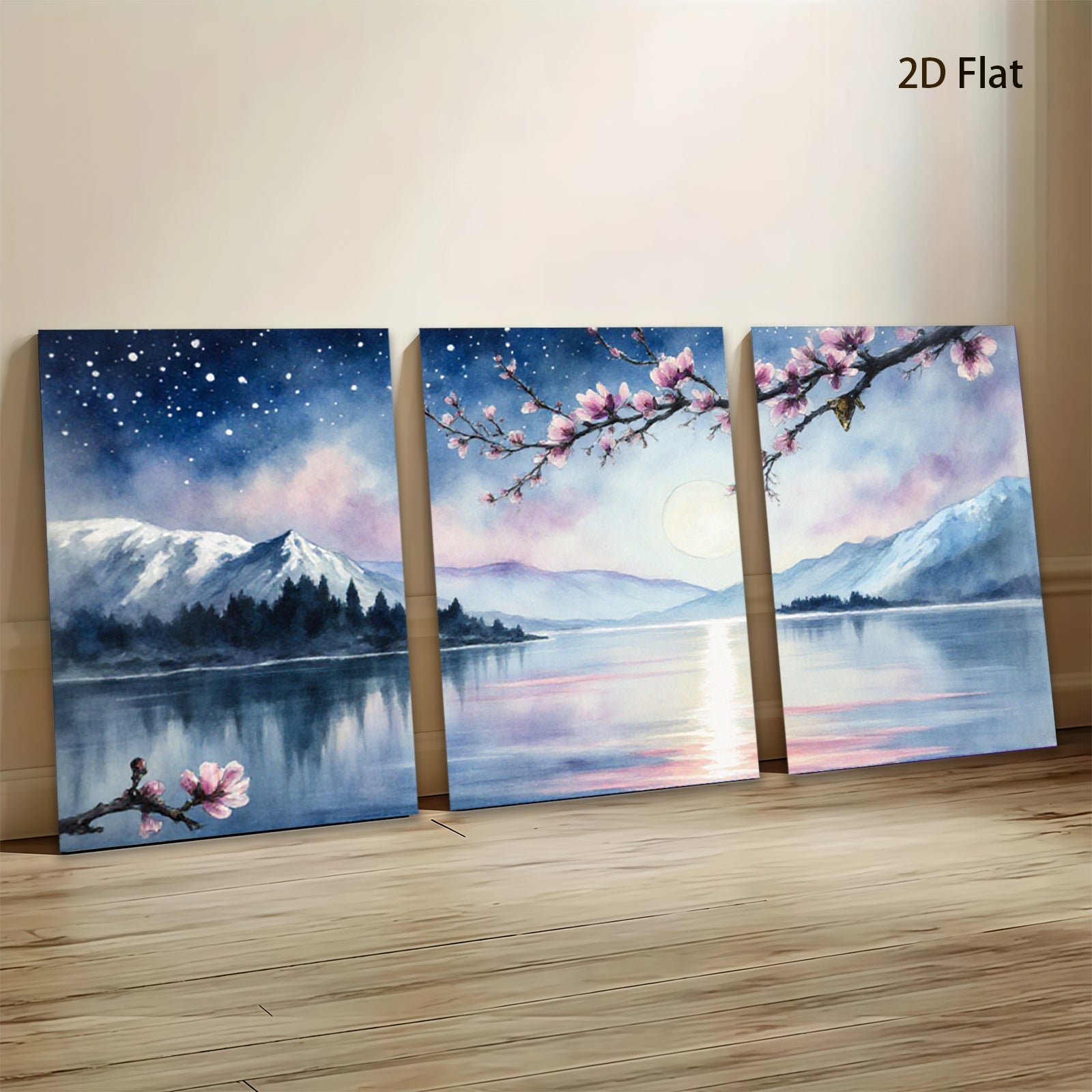 2D flat 1pc serene mountain lake reflection blossom wall art canvas prints for living room bedroom home decor farmhouse style modern minimalist gallery wrapped