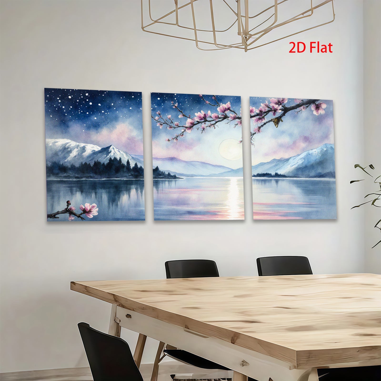 2D flat 1pc serene mountain lake reflection blossom wall art canvas prints for living room bedroom home decor farmhouse style modern minimalist gallery wrapped