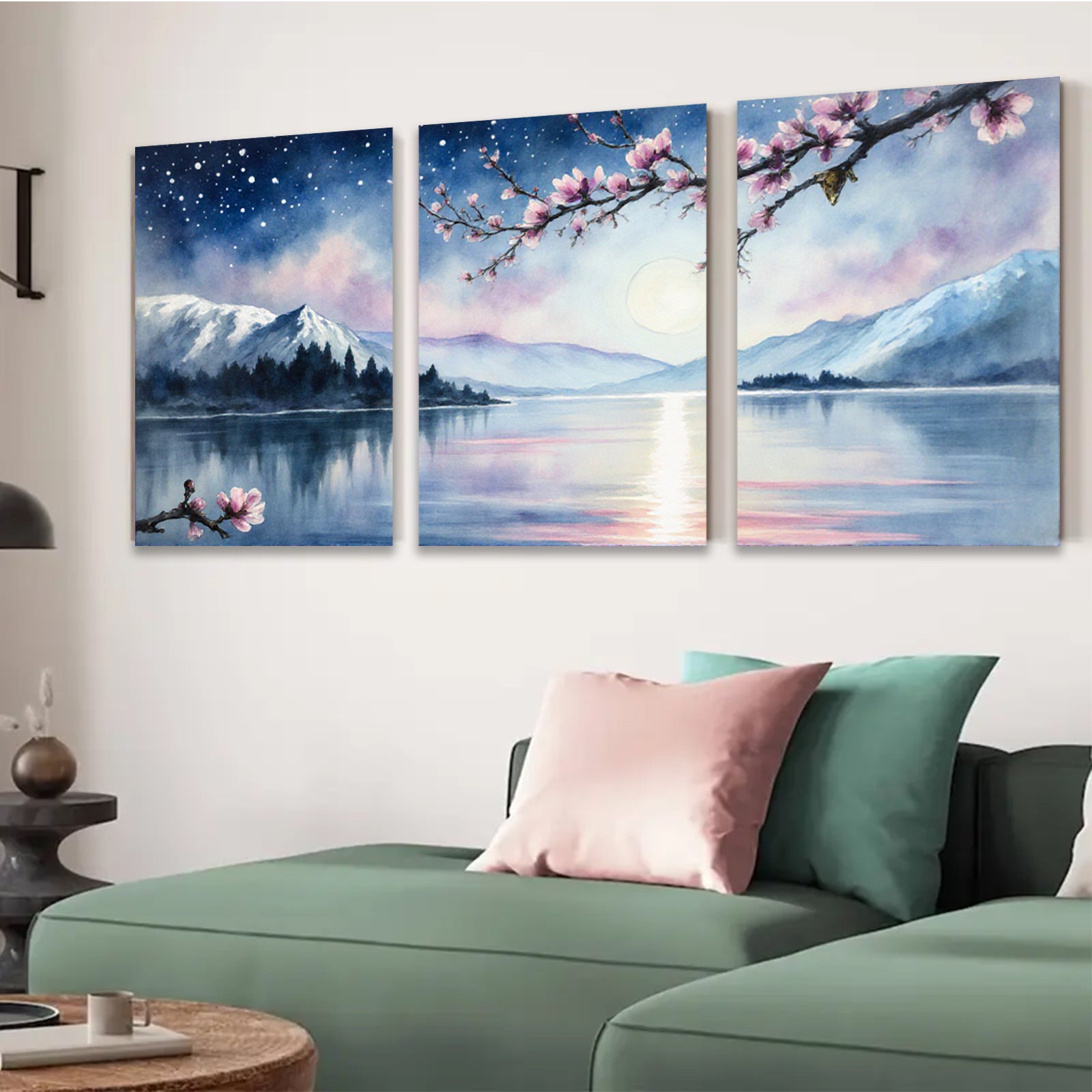 2D flat 1pc serene mountain lake reflection blossom wall art canvas prints for living room bedroom home decor farmhouse style modern minimalist gallery wrapped