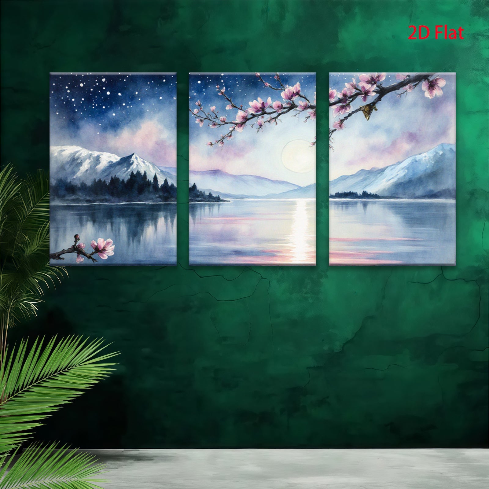 2D flat 1pc serene mountain lake reflection blossom wall art canvas prints for living room bedroom home decor farmhouse style modern minimalist gallery wrapped