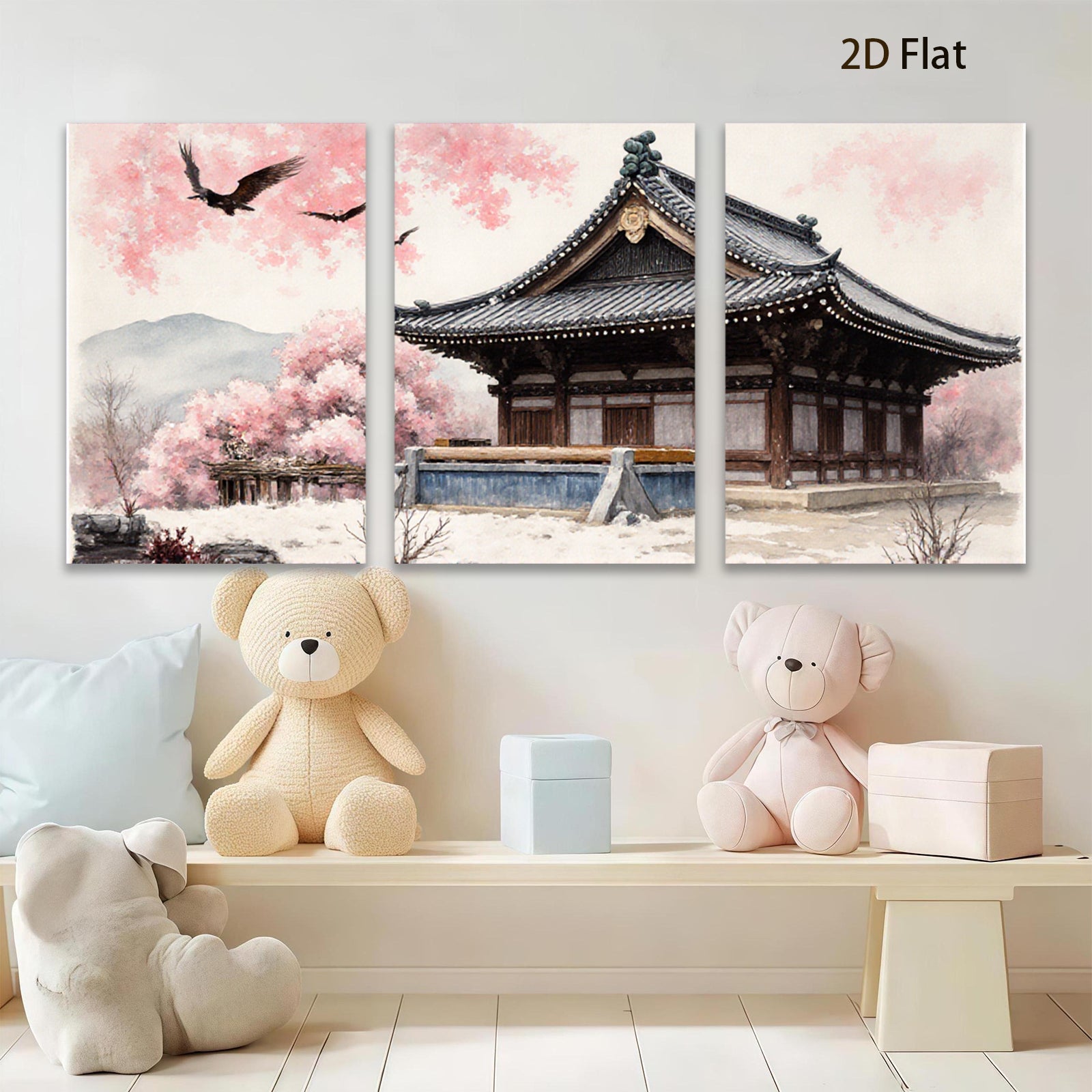 2D flat 1pc serene temple blossom landscape wall art for living room bedroom home decor farmhouse style gallery wrapped canvas prints