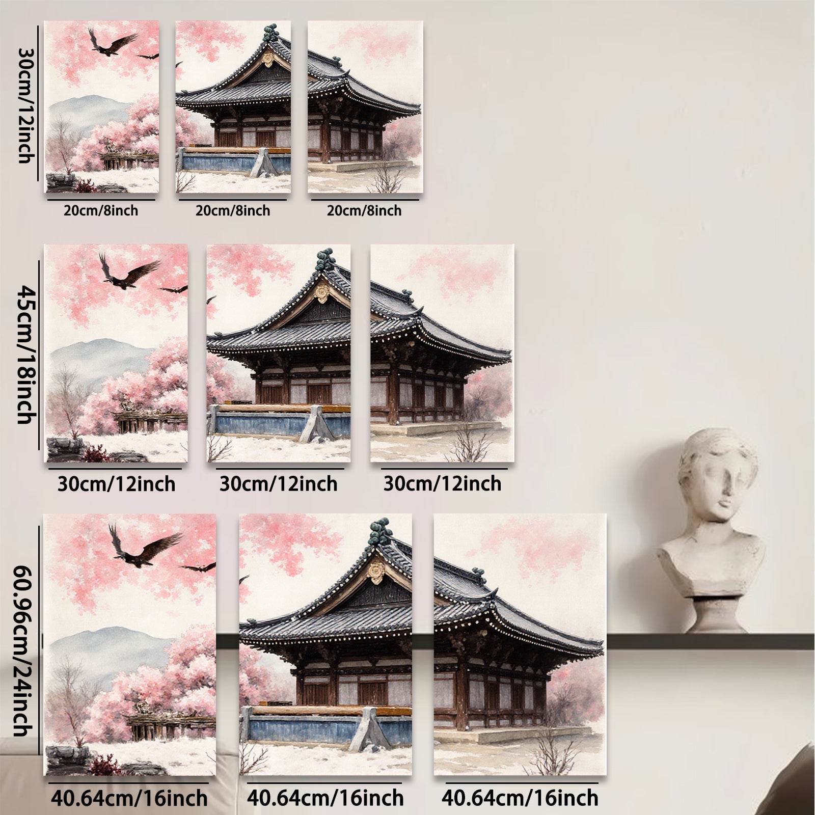 2D flat 1pc serene temple blossom landscape wall art for living room bedroom home decor farmhouse style gallery wrapped canvas prints