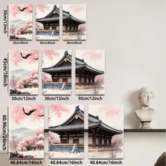 2D flat 1pc serene temple blossom landscape wall art for living room bedroom home decor farmhouse style gallery wrapped canvas prints