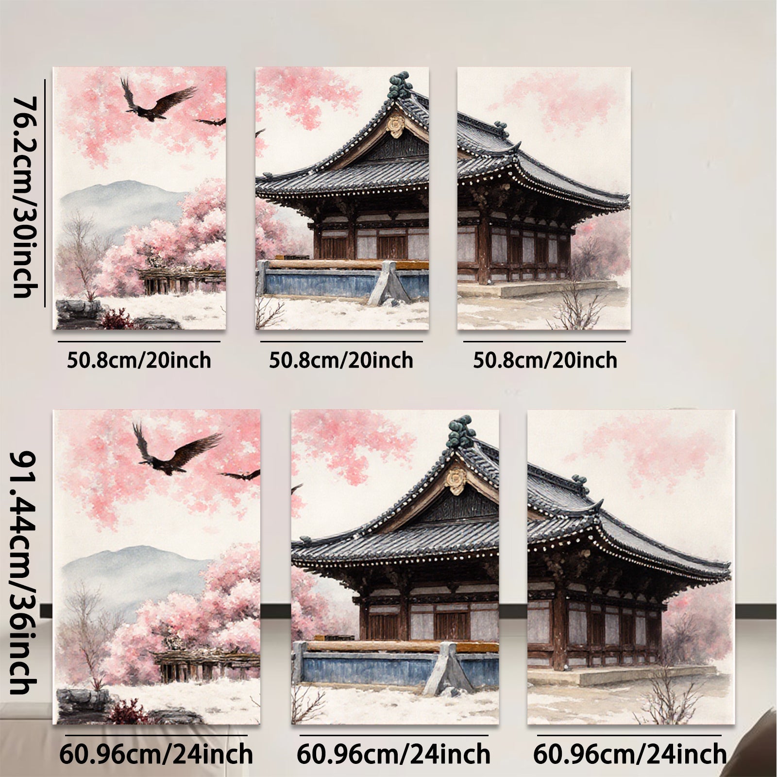 2D flat 1pc serene temple blossom landscape wall art for living room bedroom home decor farmhouse style gallery wrapped canvas prints