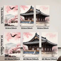 2D flat 1pc serene temple blossom landscape wall art for living room bedroom home decor farmhouse style gallery wrapped canvas prints