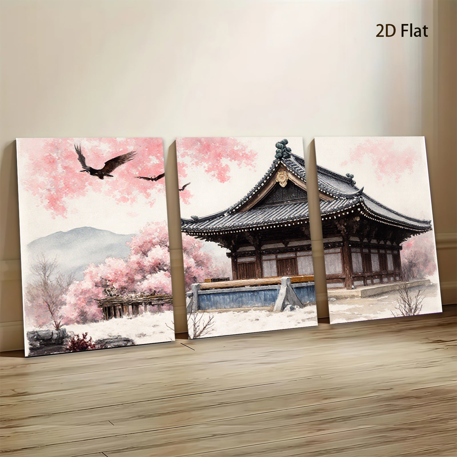 2D flat 1pc serene temple blossom landscape wall art for living room bedroom home decor farmhouse style gallery wrapped canvas prints