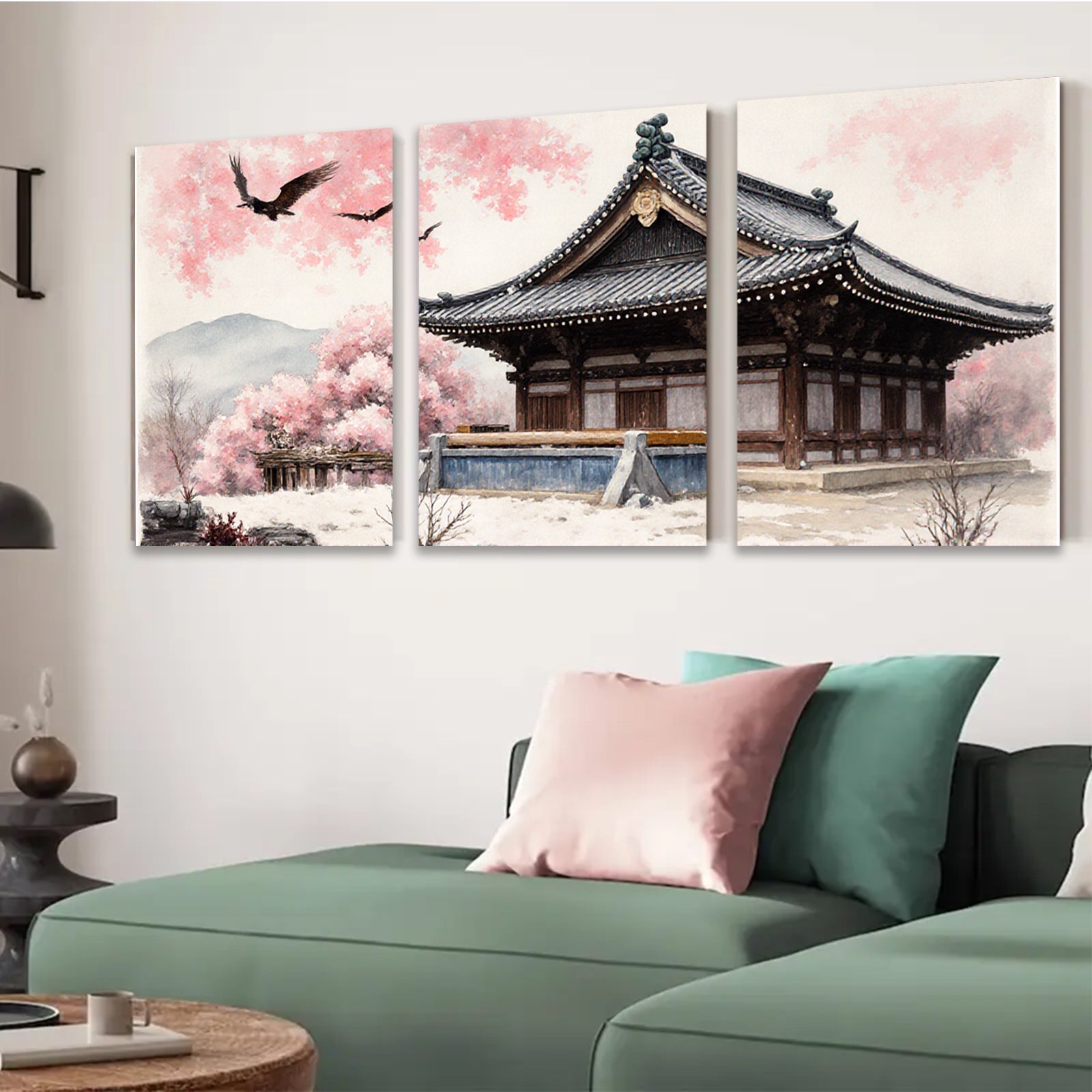 2D flat 1pc serene temple blossom landscape wall art for living room bedroom home decor farmhouse style gallery wrapped canvas prints