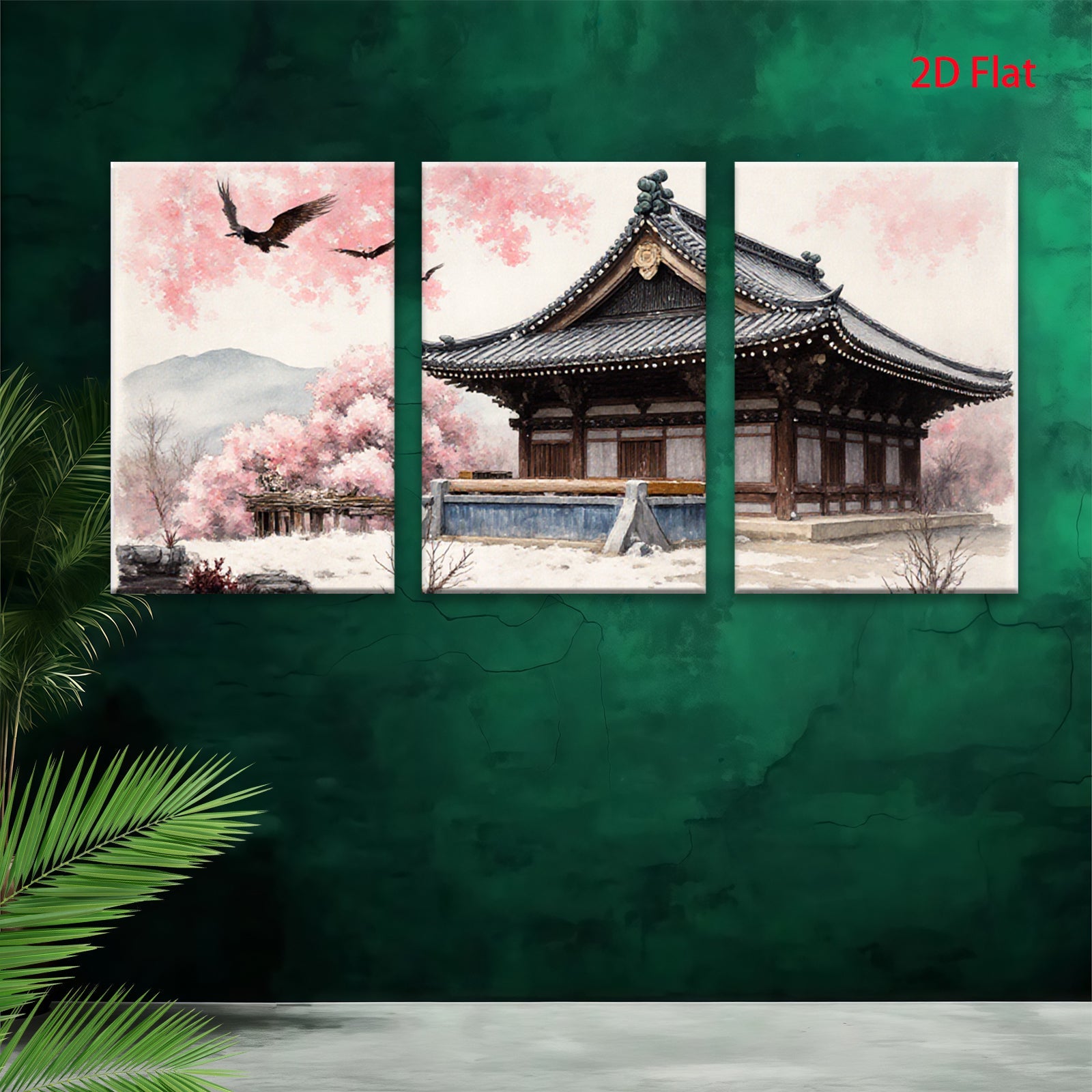 2D flat 1pc serene temple blossom landscape wall art for living room bedroom home decor farmhouse style gallery wrapped canvas prints