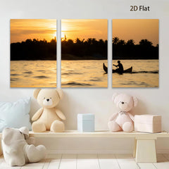 2D flat 1pc serene tropical sunset fisherman boating tranquil wall art bedroom living room modern farmhouse gallery wrapped canvas prints
