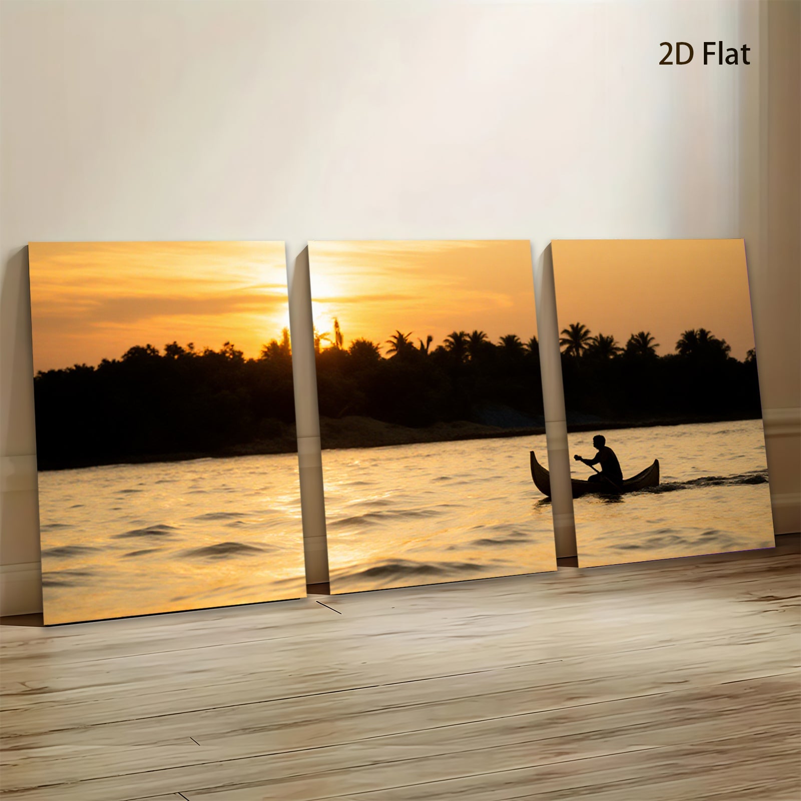 2D flat 1pc serene tropical sunset fisherman boating tranquil wall art bedroom living room modern farmhouse gallery wrapped canvas prints