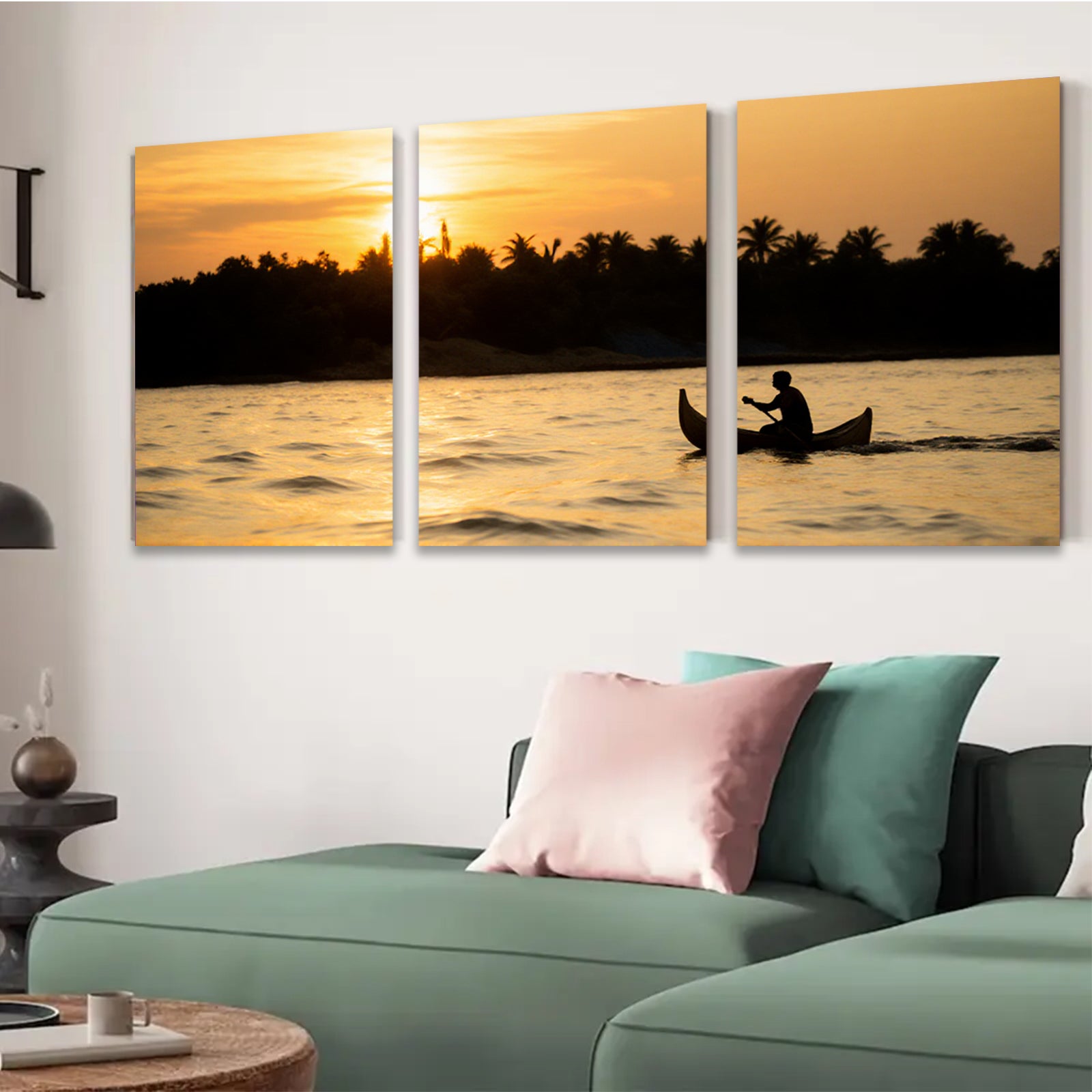 2D flat 1pc serene tropical sunset fisherman boating tranquil wall art bedroom living room modern farmhouse gallery wrapped canvas prints