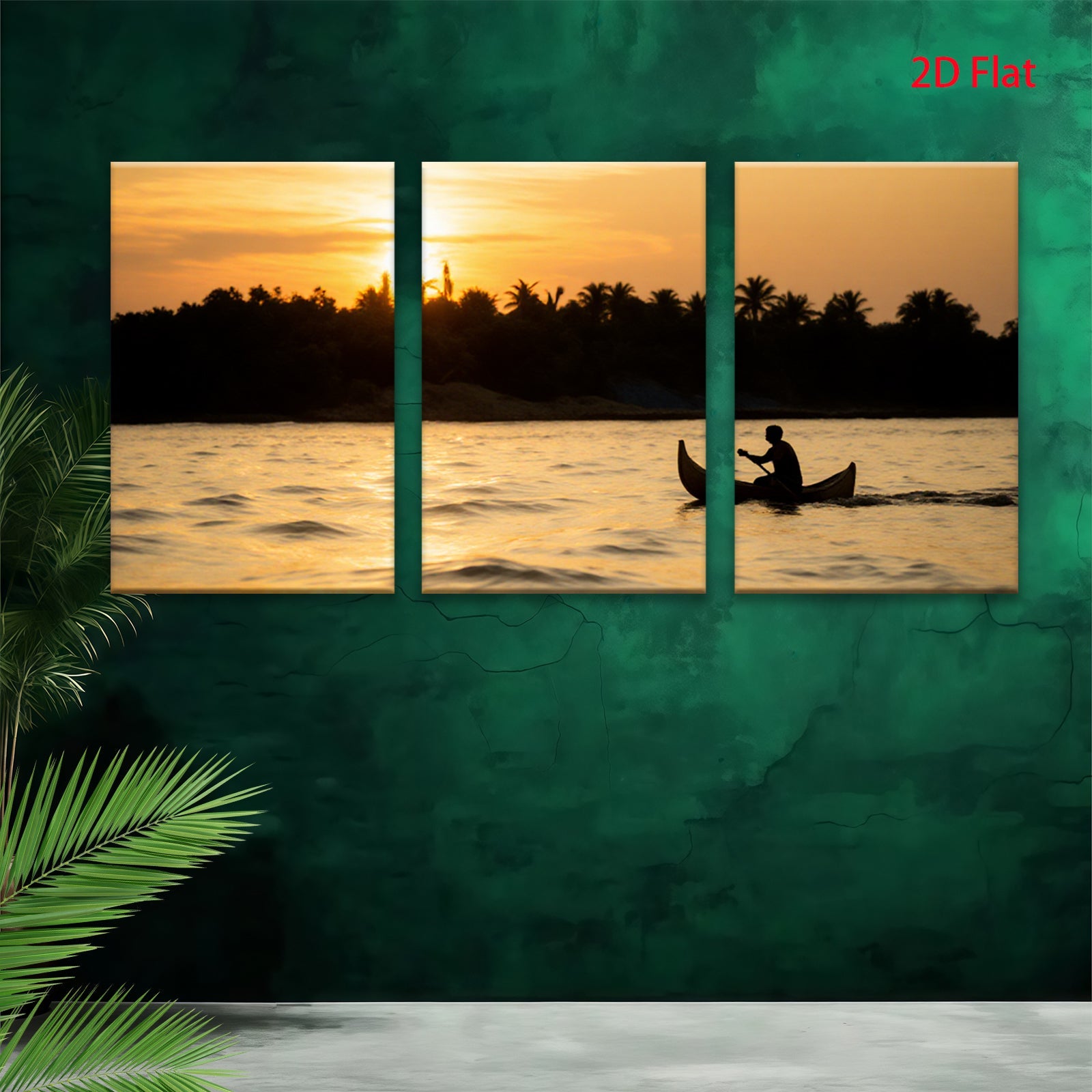 2D flat 1pc serene tropical sunset fisherman boating tranquil wall art bedroom living room modern farmhouse gallery wrapped canvas prints