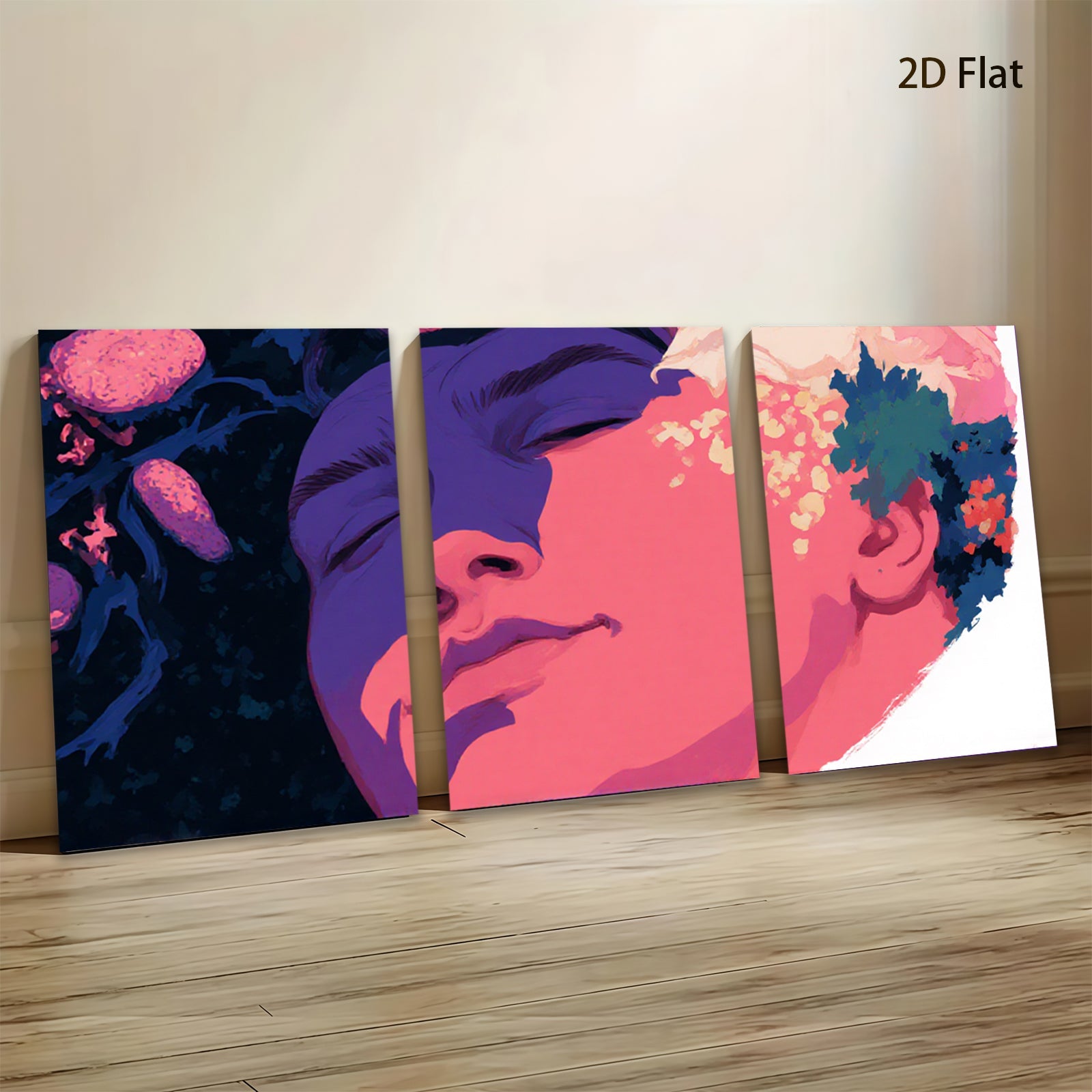 2D flat 1pc serene woman portrait floral accent modern wall art bedroom living room gallery wrapped canvas farmhouse style