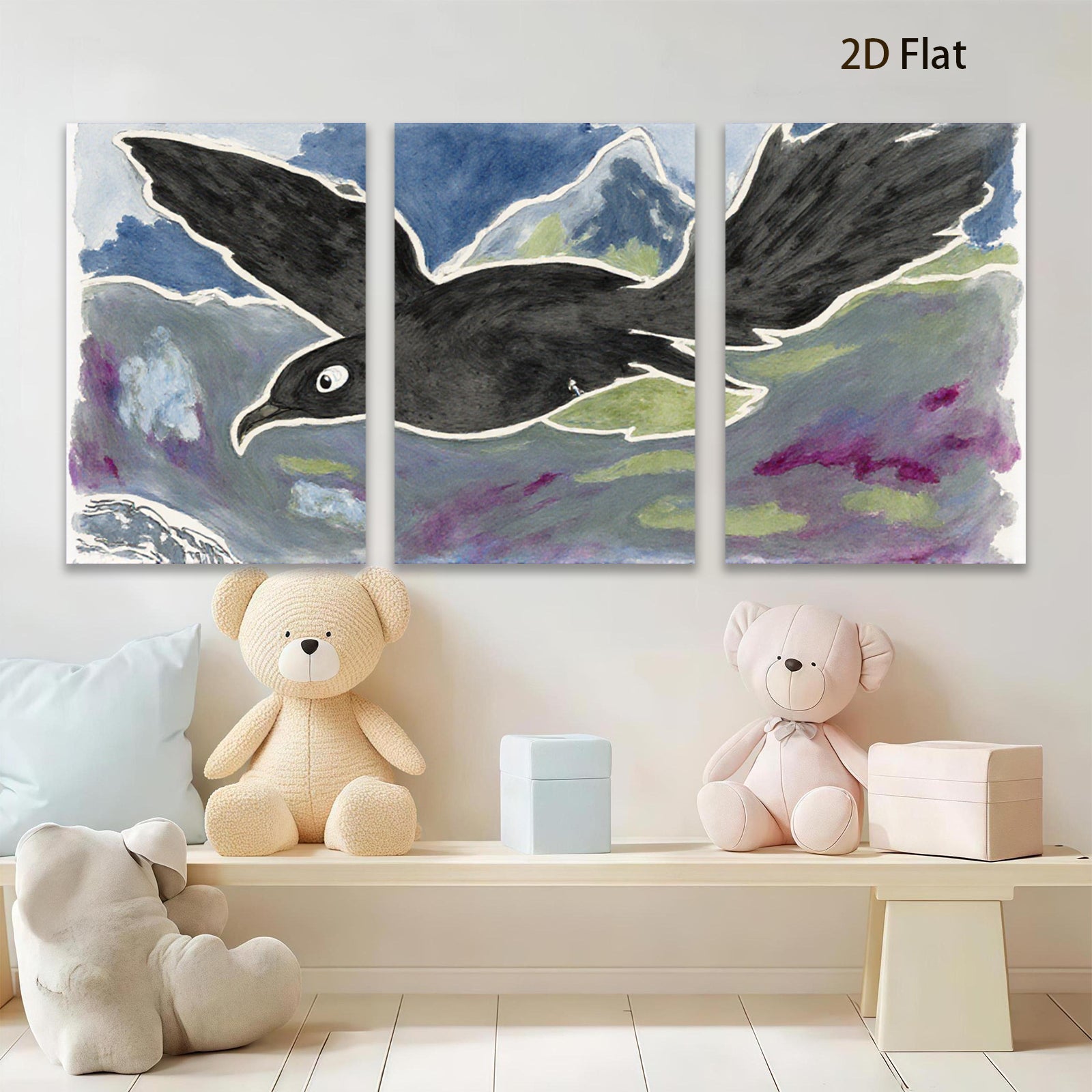 2D flat 1pc soaring black bird whimsical wall art modern farmhouse decor living room bedroom gallery wrapped canvas print statement piece