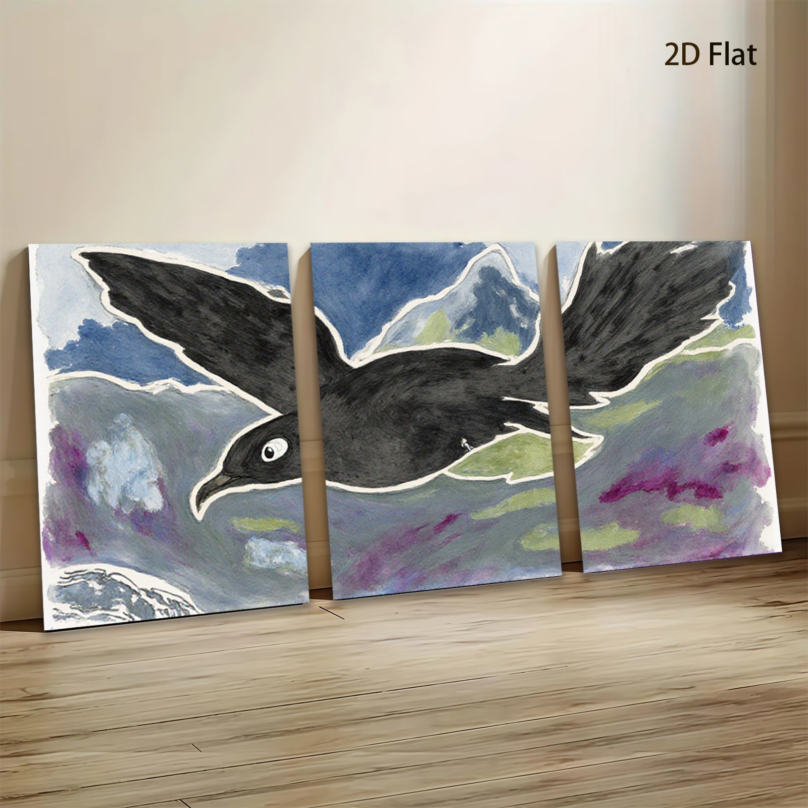 2D flat 1pc soaring black bird whimsical wall art modern farmhouse decor living room bedroom gallery wrapped canvas print statement piece