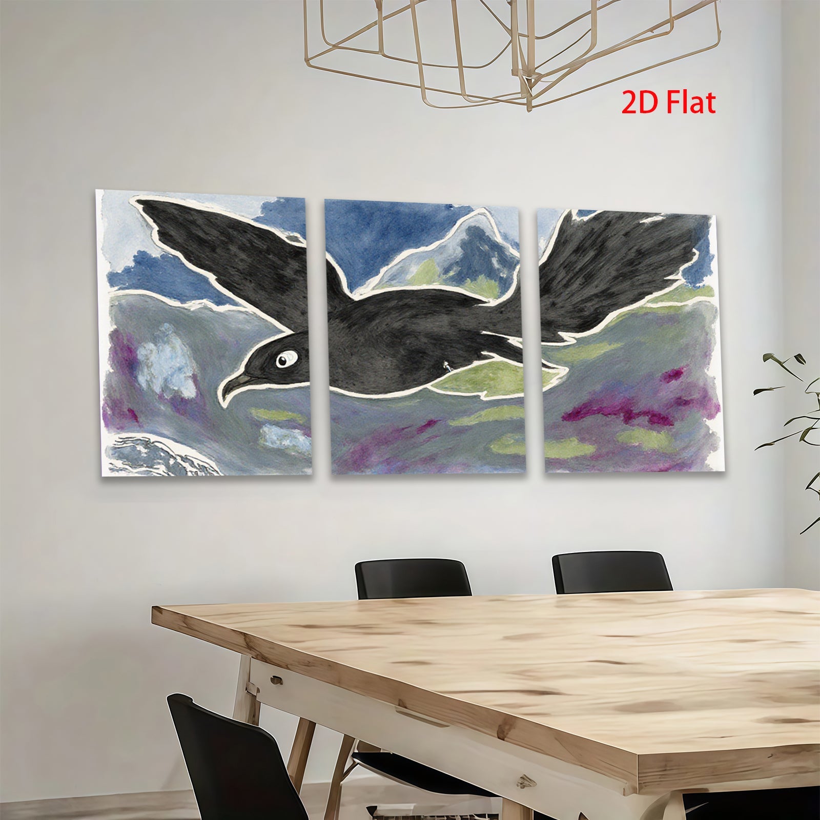 2D flat 1pc soaring black bird whimsical wall art modern farmhouse decor living room bedroom gallery wrapped canvas print statement piece