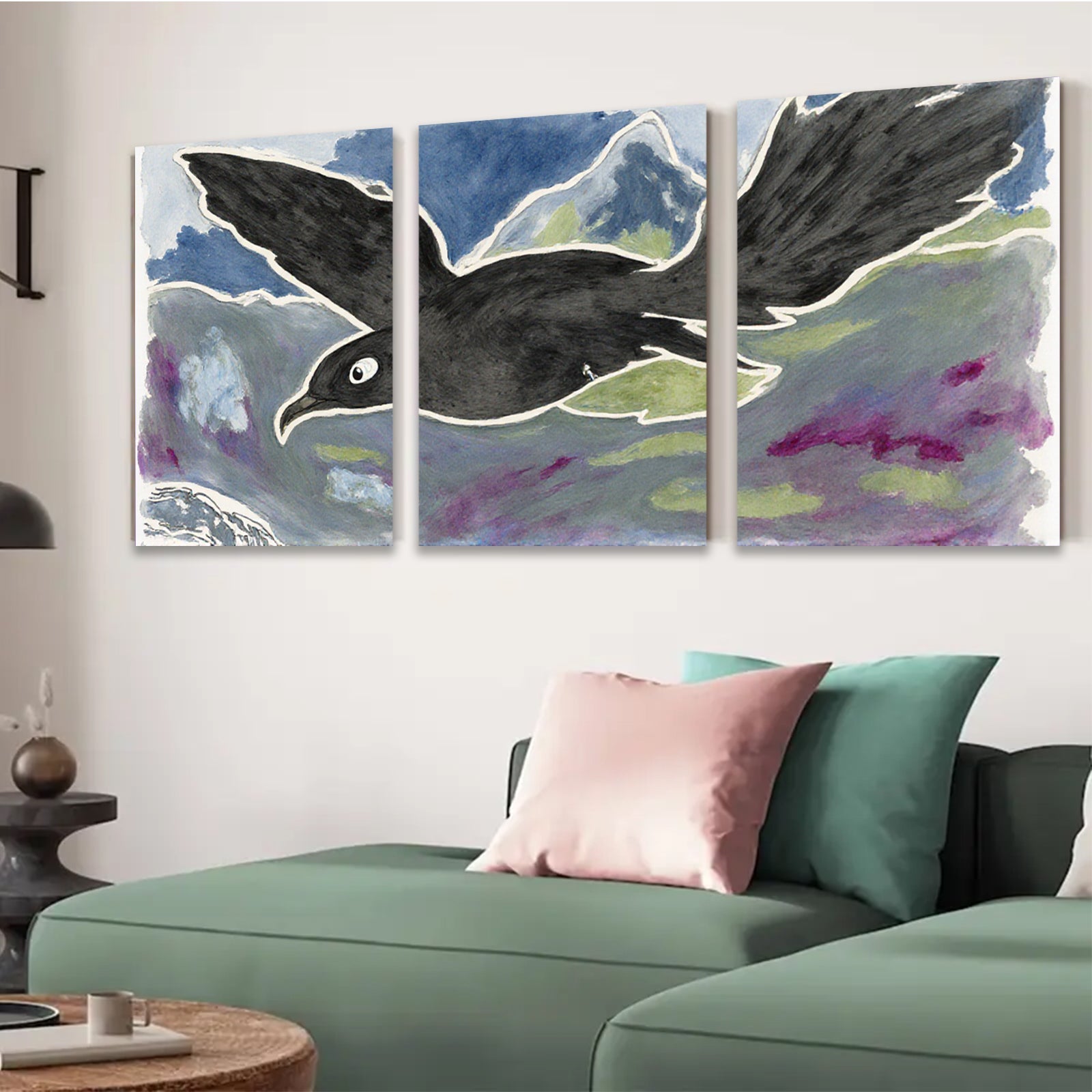 2D flat 1pc soaring black bird whimsical wall art modern farmhouse decor living room bedroom gallery wrapped canvas print statement piece