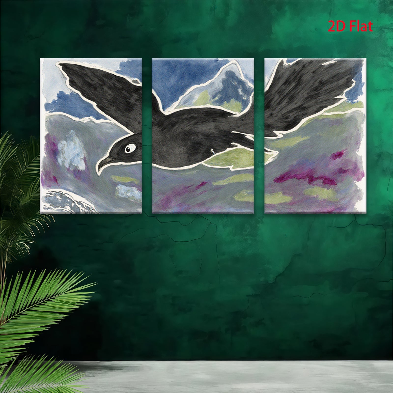 2D flat 1pc soaring black bird whimsical wall art modern farmhouse decor living room bedroom gallery wrapped canvas print statement piece