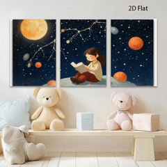 2D flat 1pc starts Little girl reads under starry night sky bedroom wall art nursery decor farmhouse style canvas prints modern minimalist