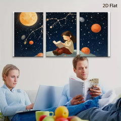 2D flat 1pc starts Little girl reads under starry night sky bedroom wall art nursery decor farmhouse style canvas prints modern minimalist
