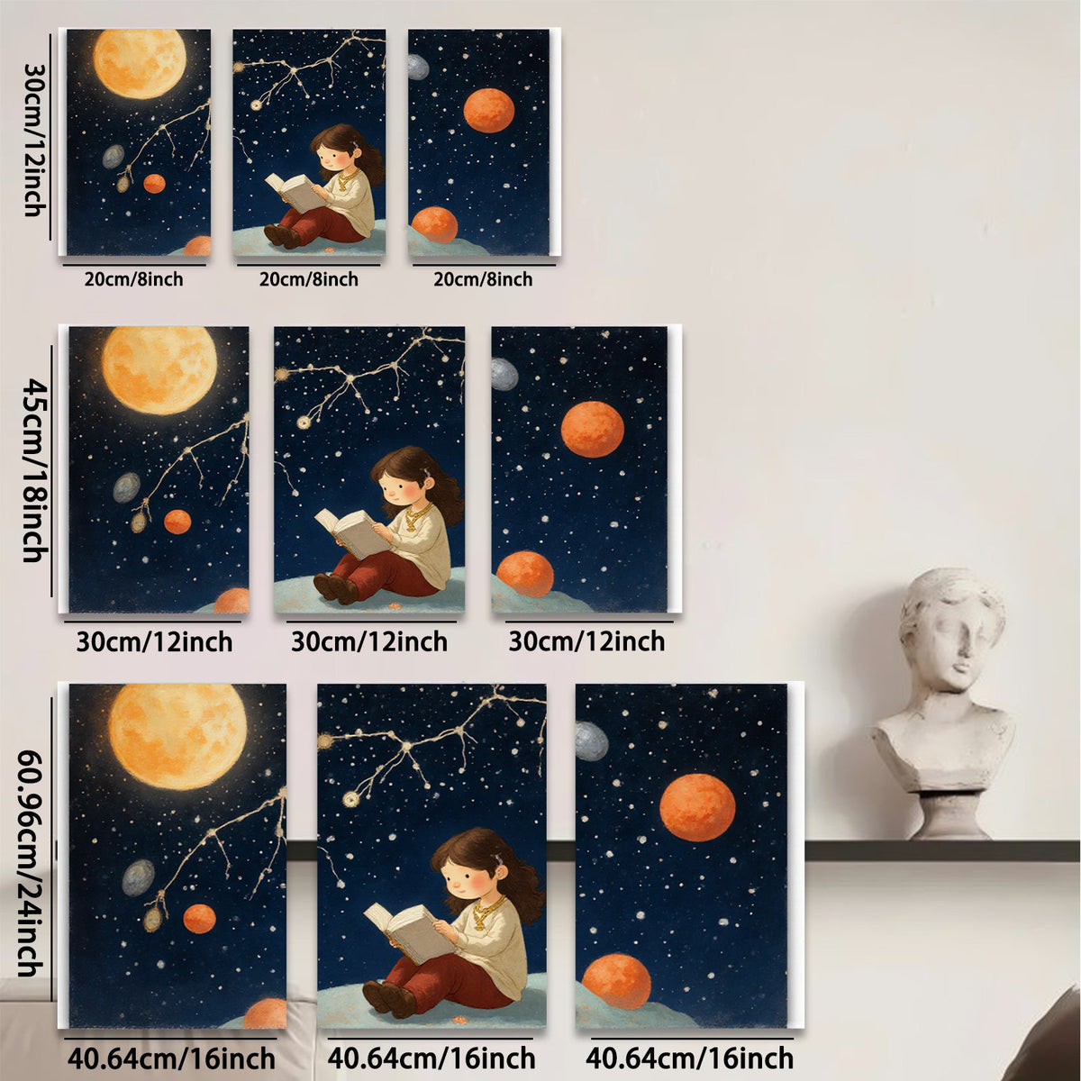 2D flat 1pc starts Little girl reads under starry night sky bedroom wall art nursery decor farmhouse style canvas prints modern minimalist