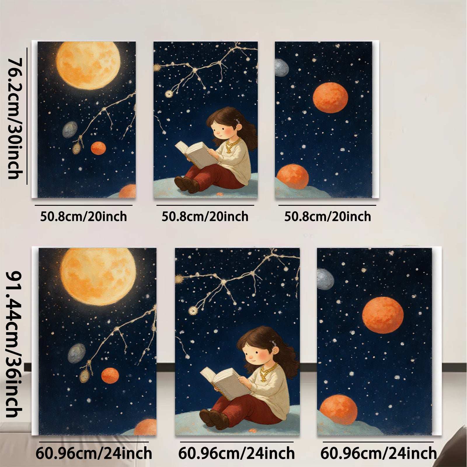 2D flat 1pc starts Little girl reads under starry night sky bedroom wall art nursery decor farmhouse style canvas prints modern minimalist