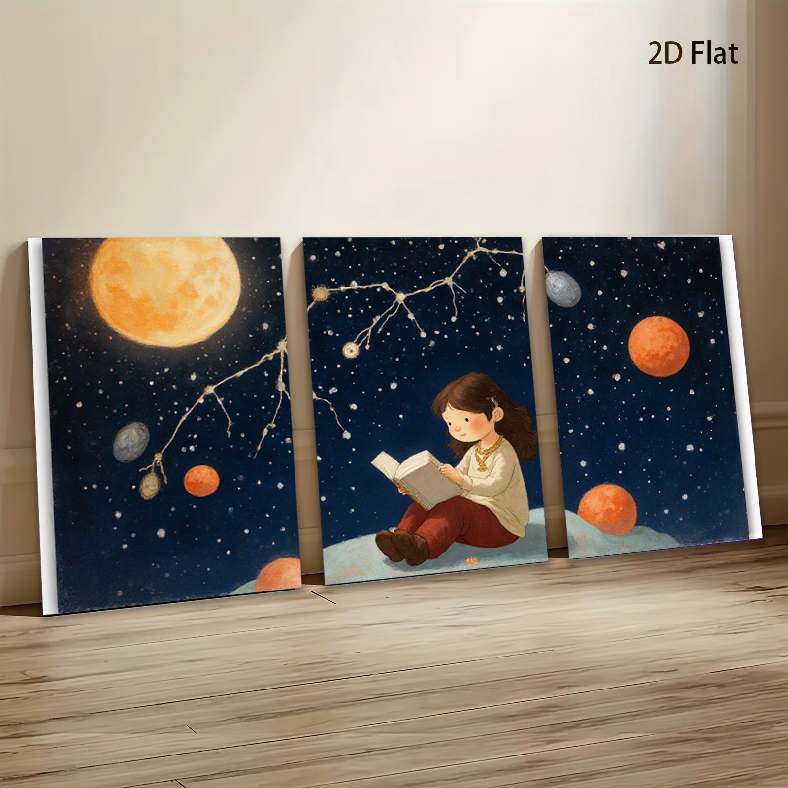 2D flat 1pc starts Little girl reads under starry night sky bedroom wall art nursery decor farmhouse style canvas prints modern minimalist