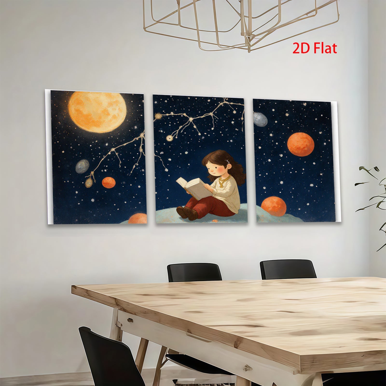 2D flat 1pc starts Little girl reads under starry night sky bedroom wall art nursery decor farmhouse style canvas prints modern minimalist