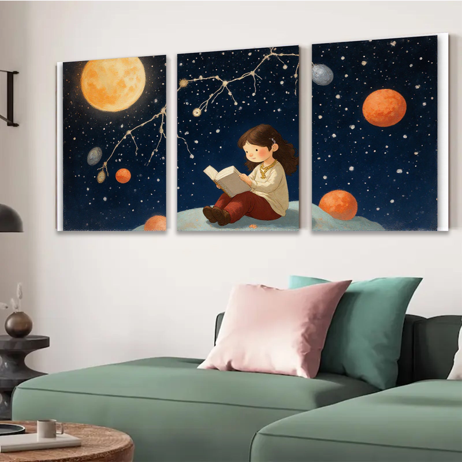 2D flat 1pc starts Little girl reads under starry night sky bedroom wall art nursery decor farmhouse style canvas prints modern minimalist