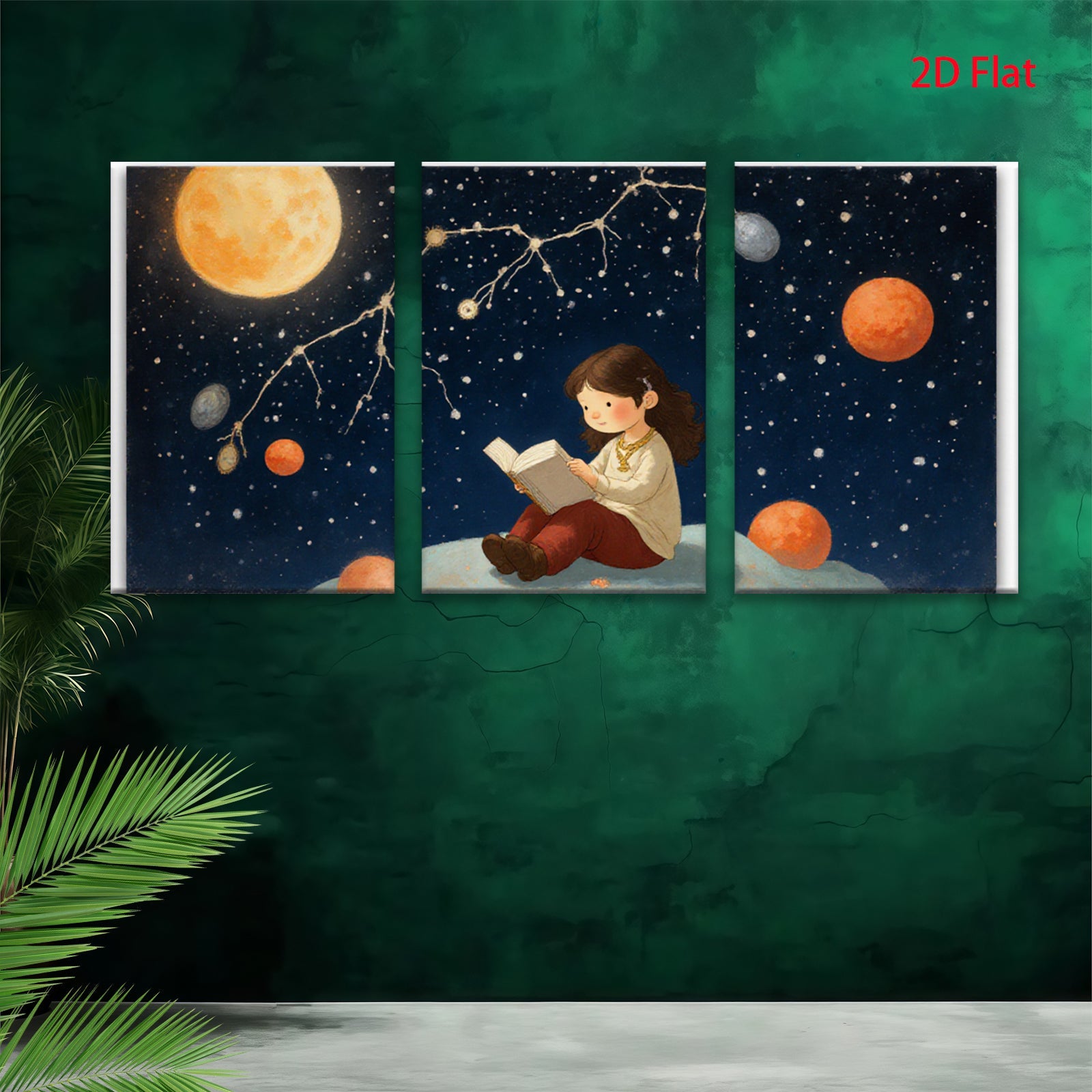 2D flat 1pc starts Little girl reads under starry night sky bedroom wall art nursery decor farmhouse style canvas prints modern minimalist
