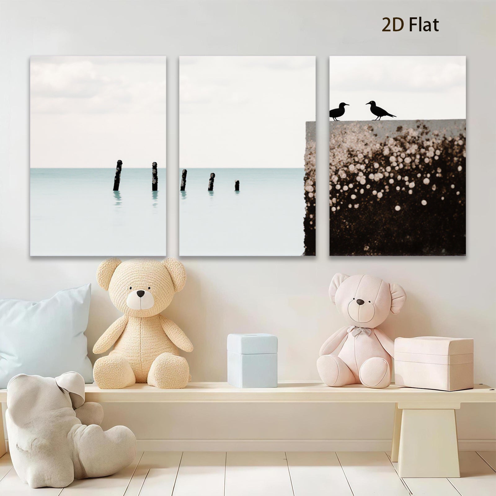 2D flat 1pc starts Peaceful seabirds rest upon weathered pier coastal wall art for living room bedroom gallery wrapped canvas prints farmhouse decor modern minimalist style