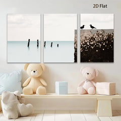 2D flat 1pc starts Peaceful seabirds rest upon weathered pier coastal wall art for living room bedroom gallery wrapped canvas prints farmhouse decor modern minimalist style