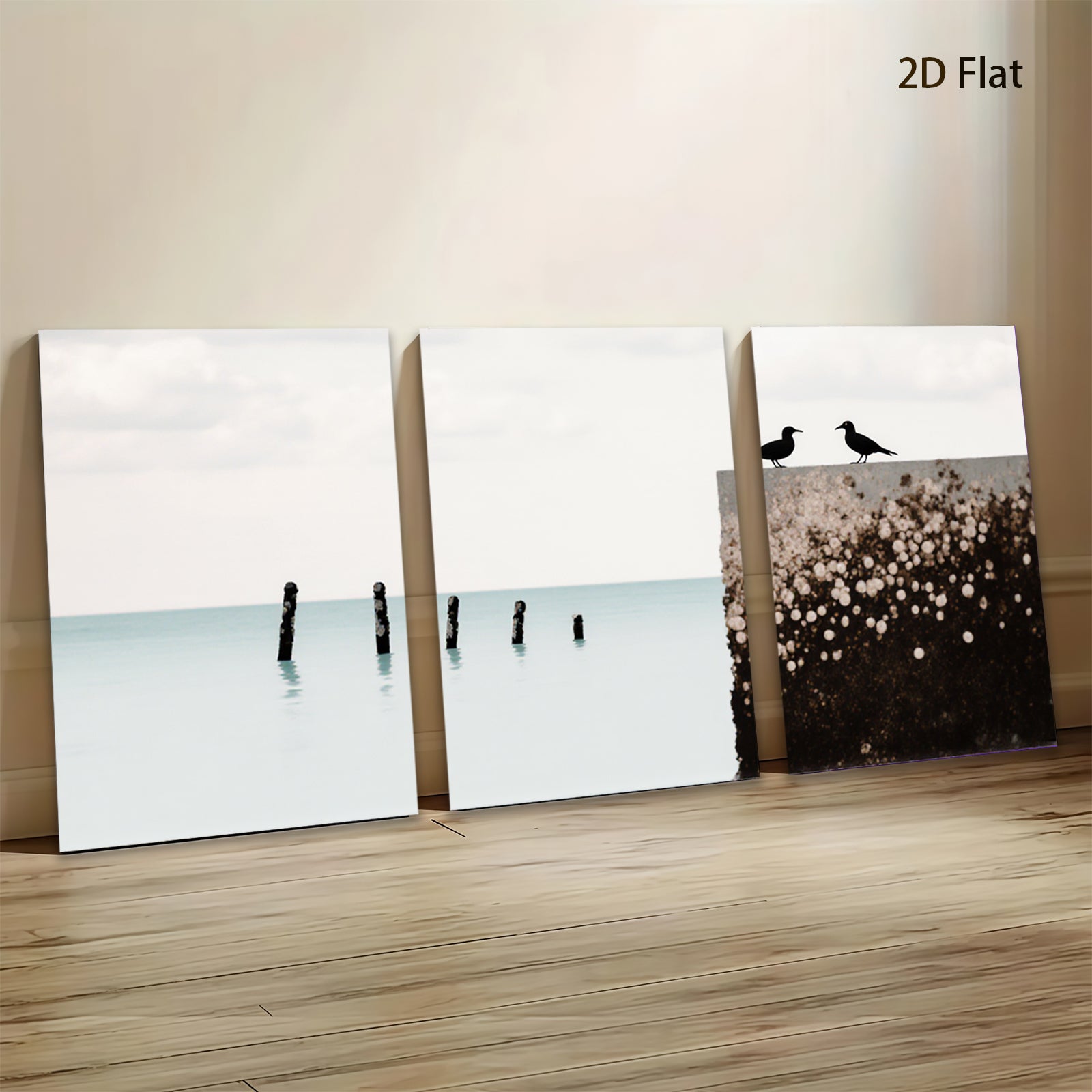 2D flat 1pc starts Peaceful seabirds rest upon weathered pier coastal wall art for living room bedroom gallery wrapped canvas prints farmhouse decor modern minimalist style