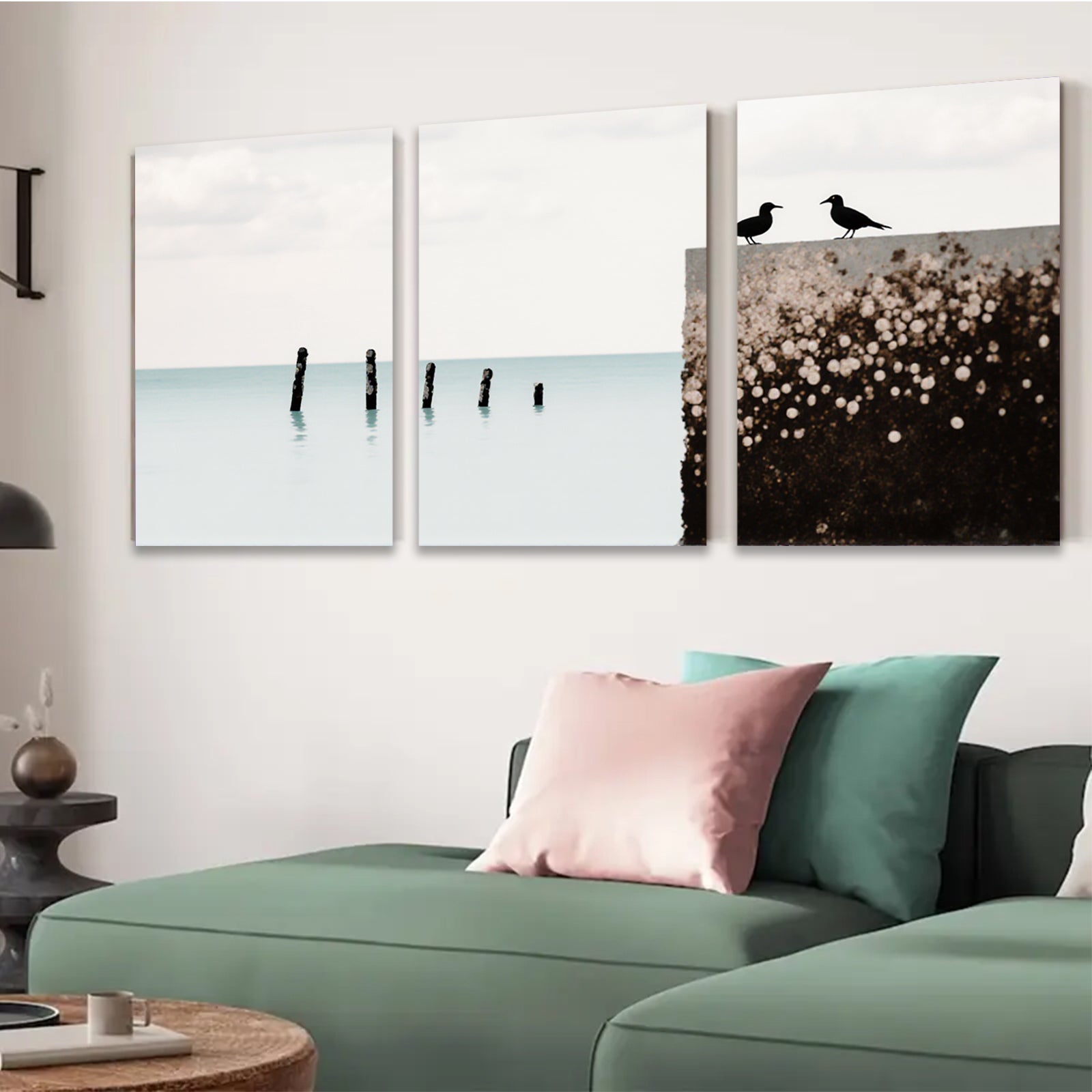 2D flat 1pc starts Peaceful seabirds rest upon weathered pier coastal wall art for living room bedroom gallery wrapped canvas prints farmhouse decor modern minimalist style
