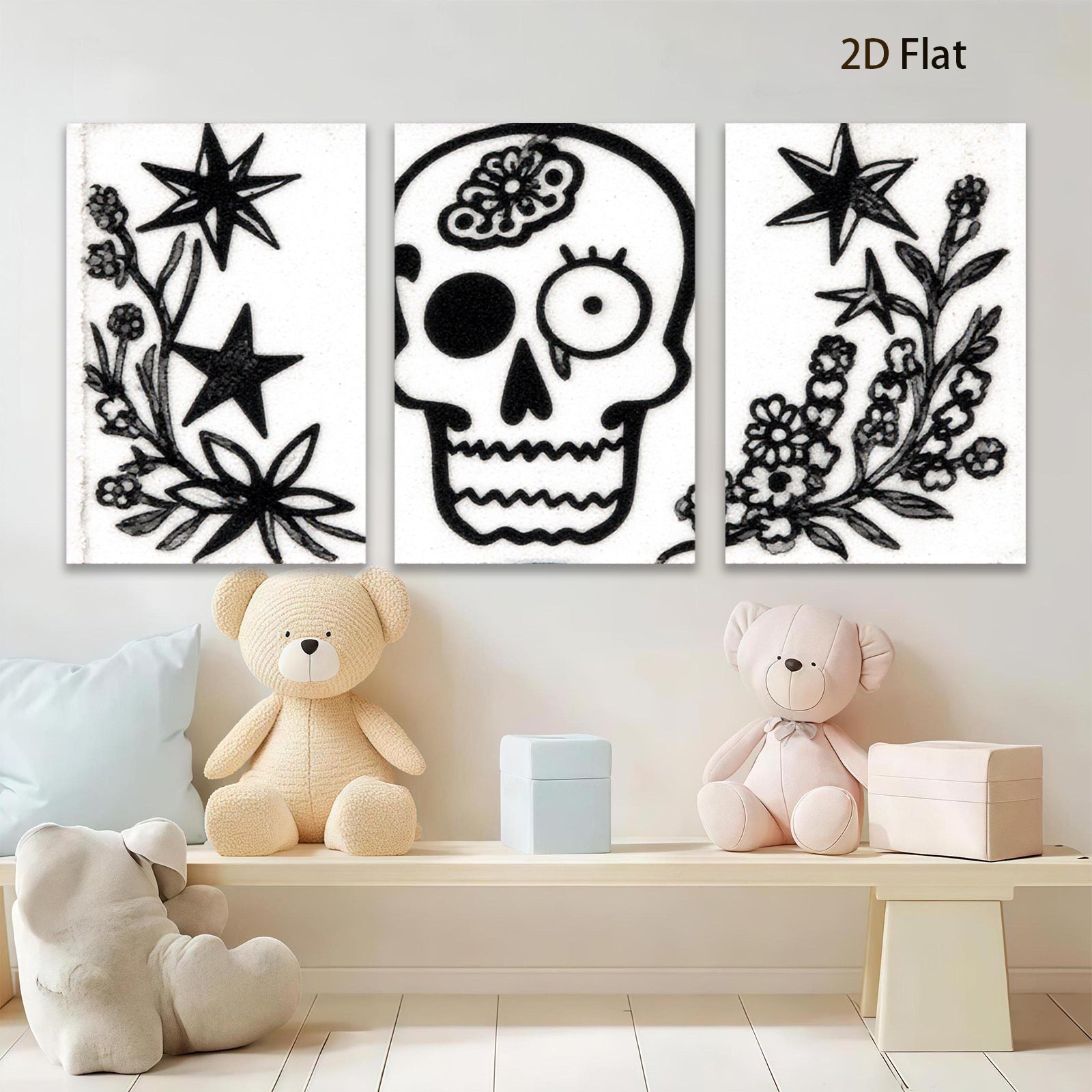 2D flat 1pc starts botanical skull floral design wall art decor spooky Halloween farmhouse living room bedroom gallery wrapped canvas