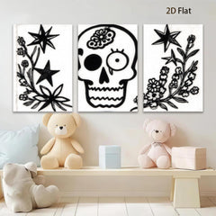 2D flat 1pc starts botanical skull floral design wall art decor spooky Halloween farmhouse living room bedroom gallery wrapped canvas