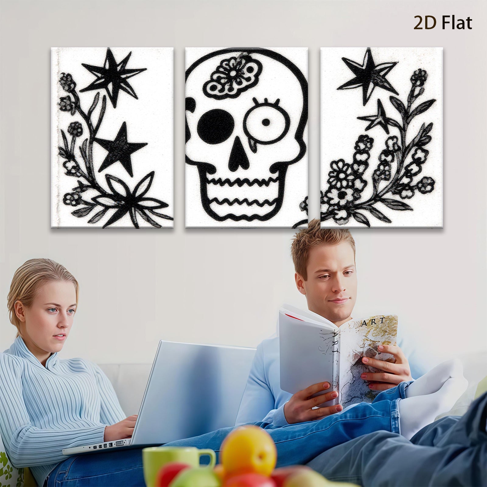 2D flat 1pc starts botanical skull floral design wall art decor spooky Halloween farmhouse living room bedroom gallery wrapped canvas
