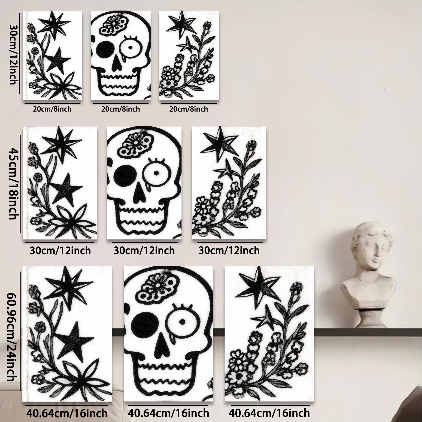 2D flat 1pc starts botanical skull floral design wall art decor spooky Halloween farmhouse living room bedroom gallery wrapped canvas