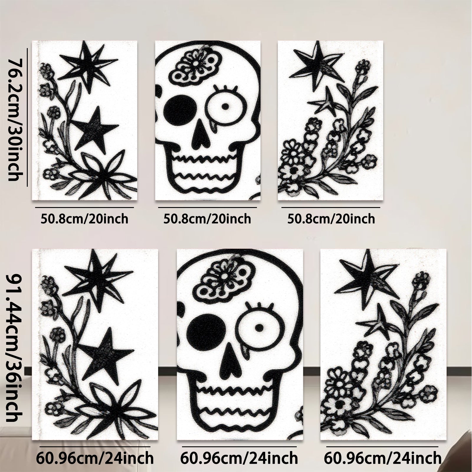 2D flat 1pc starts botanical skull floral design wall art decor spooky Halloween farmhouse living room bedroom gallery wrapped canvas
