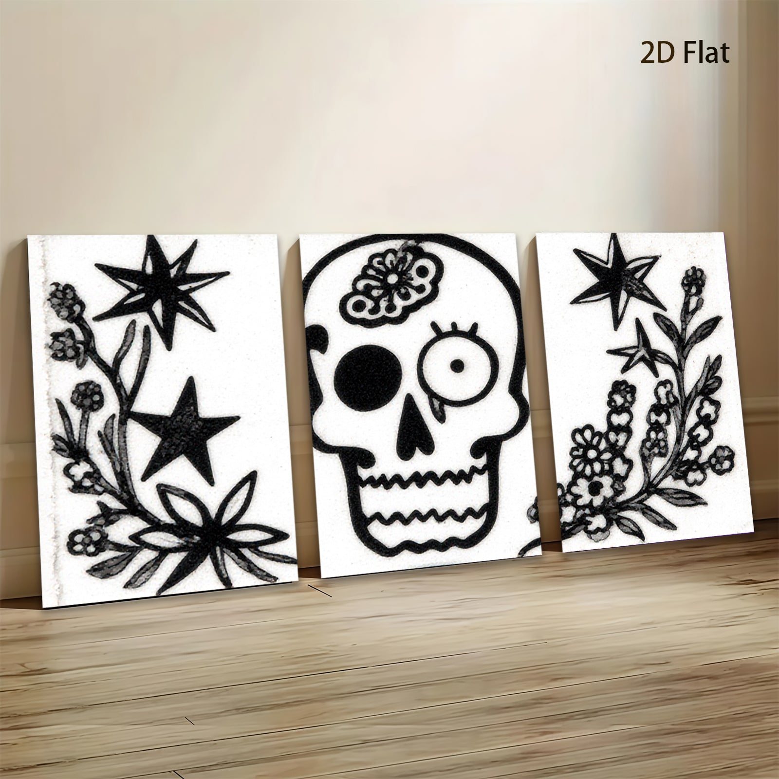 2D flat 1pc starts botanical skull floral design wall art decor spooky Halloween farmhouse living room bedroom gallery wrapped canvas