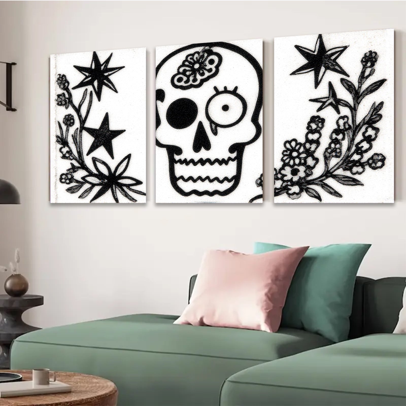 2D flat 1pc starts botanical skull floral design wall art decor spooky Halloween farmhouse living room bedroom gallery wrapped canvas
