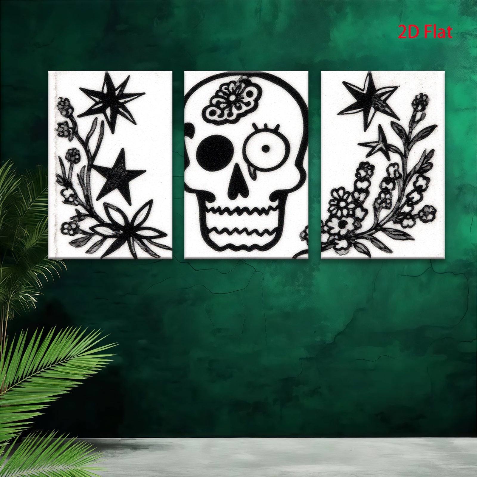 2D flat 1pc starts botanical skull floral design wall art decor spooky Halloween farmhouse living room bedroom gallery wrapped canvas