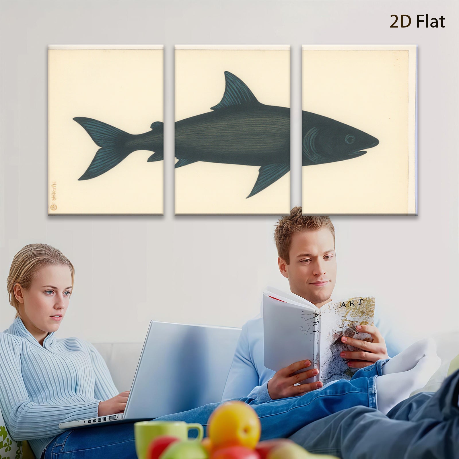 2D flat 1pc striking black silhouette coastal fish wall art modern farmhouse living room bedroom decor gallery wrapped canvas print